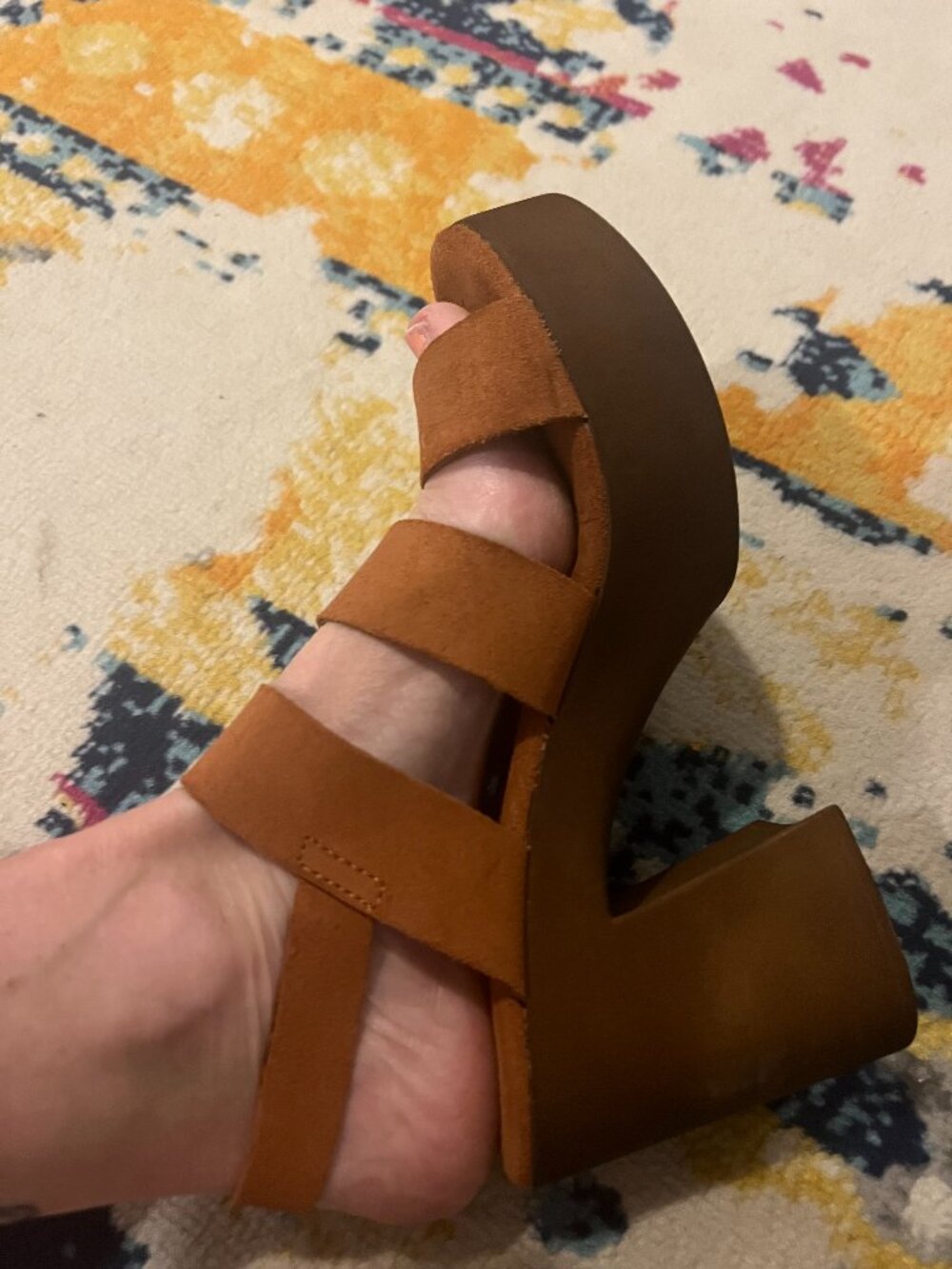 BioNatura Cognac Suede Platform Block Heel Sandals Buckle Strap